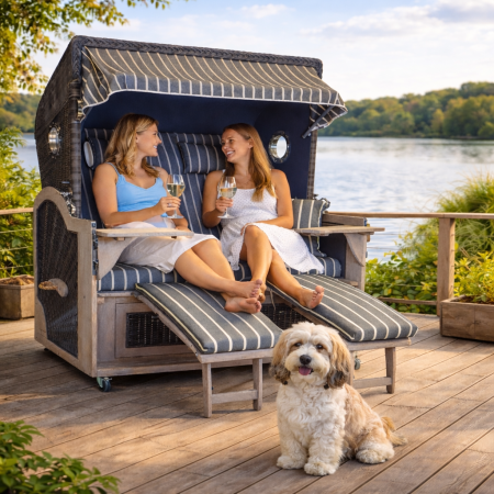 Strandkorb XXL Teak Vintage Hamburg Streifen grau washed Bullaugen